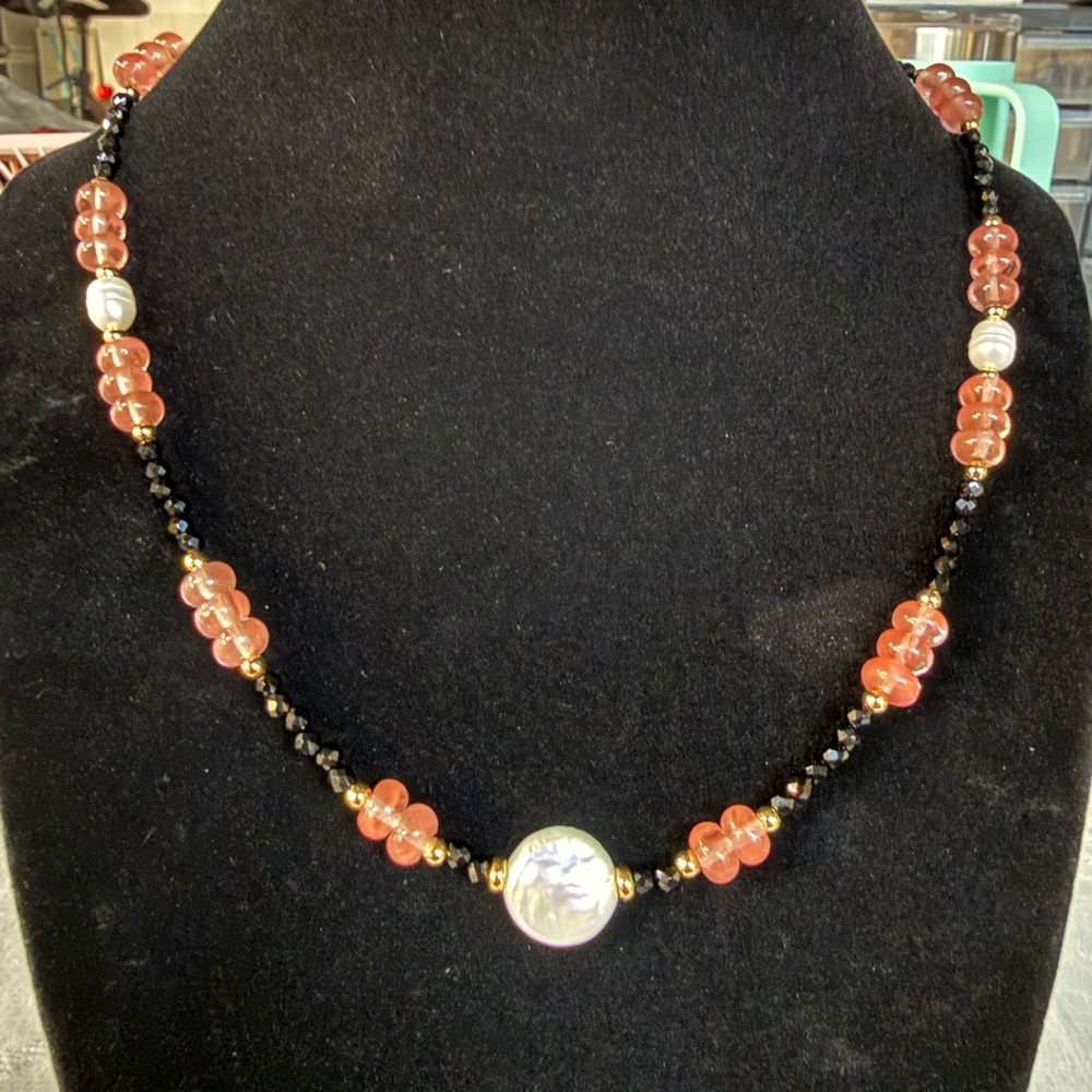 Cherry Quartz and Freshwater Pearl Necklace